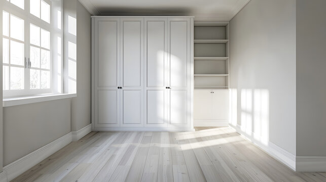 Interior of empty spacious bedroom with white walls and laminated floor and built in wardrobe : Generative AI
