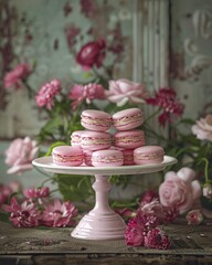 Delicious pink macarons on a stand decorated with pink flowers.