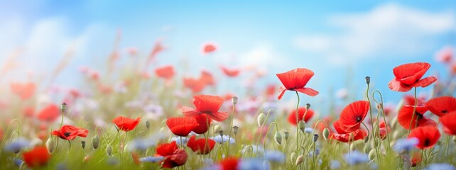 Beautiful closeup of poppies poppy Papaver rhoeas flowers in nature. Natural spring summer landscape with red poppies