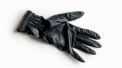 Image of a black nitrile protective glove, empty and isolated against a white background