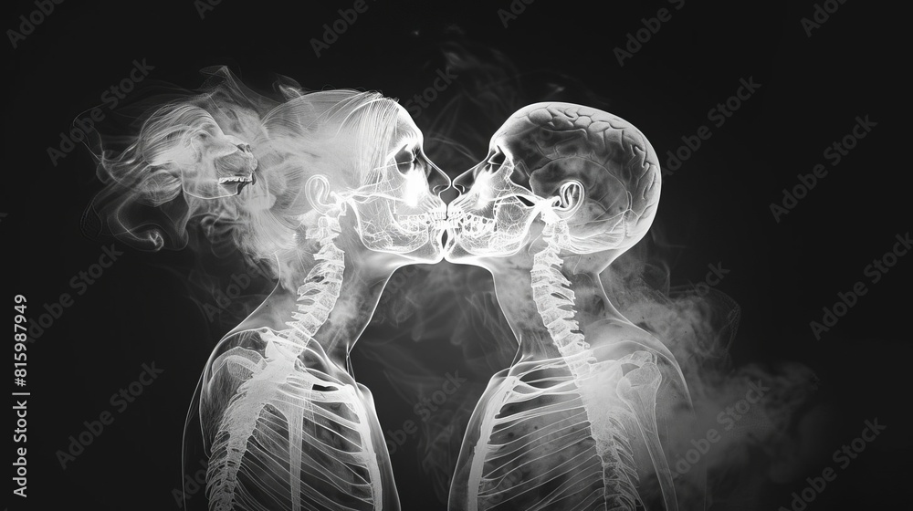 Wall mural intimate couple kissing xray vision concept art black and white digital illustration