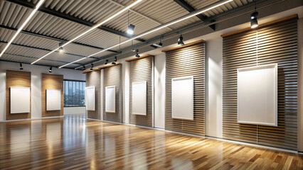 A contemporary museum concept with a 3D rendering of empty walls, linear blinds, and mock-up banners on a gallery wall, ideal for showcasing art and exhibitions in a simulated space.