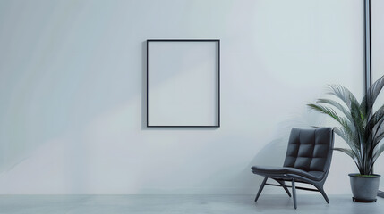 Blank picture frame mockup on white wall Living room design Empty white copy space for artwork View of modern scandinavian style interior with chair Home staging and minimalism concept : Generative AI