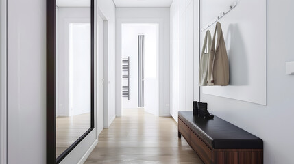Minimalist hallway with modern interior design in contemporary apartment Comfortable shoe storage bench near black frame mirror on white wall Wooden coat hanger in hall with chest draw : Generative AI