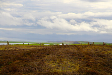 The Brodgar ring is a henge with a circular stone setting inside, Scotland