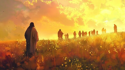 jesus appears to followers in meadow biblical sunrise scene digital painting