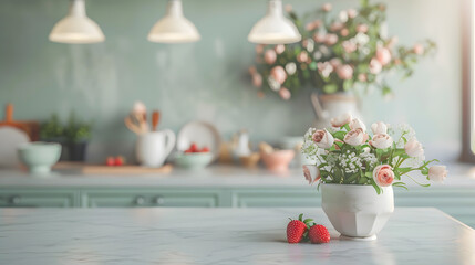 Clean and empty marble countertop green vintage kitchen furniture with lots of flowers and bowl of strawberries pair of white hanging pendant lights various crockery in blurred backgro : Generative AI