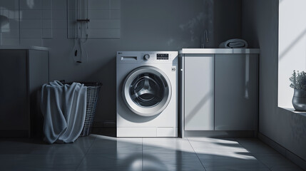 Washing machine in a gray modern laundry room : Generative AI