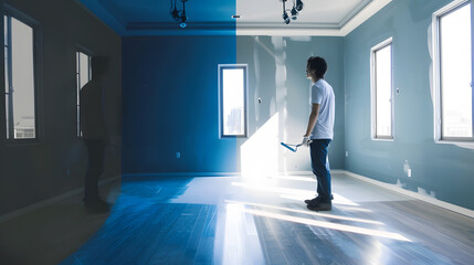 Fototapeta premium Before and After of Man Painting Roller to Reveal Newly Remodeled Room with Fresh Blue Paint and New Floors : Generative AI