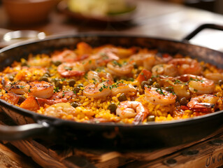 Concept of Gourmet Culinary Art: Close-Up of Vibrant Seafood Paella in Pan with Shrimp, Rice, Peas, and Red Bell Pepper - Freshly Cooked, Steaming, and Garnished with Parsley for Food graphy