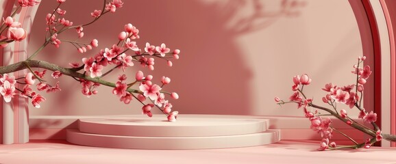 A 3D Spring Floral Scene With A Podium Display On A Pink Pastel Background Exudes Freshness And Beauty, 3D Rendering