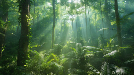 A dense rainforest scene with tall, green trees and thick underbrush. Sunlight filters through the canopy, creating dappled patterns of light and shadow on the forest floor.