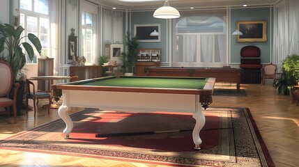 Luxurious vintage billiard room with green pool table and elegant furnishings - Powered by Adobe