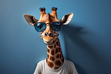 portrait of a giraffe standing on a blue background