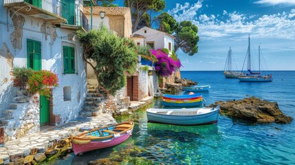 Obraz premium Charming coastal village with whitewashed houses and colorful boats anchored in the crystal-clear waters of the Mediterranean Sea.