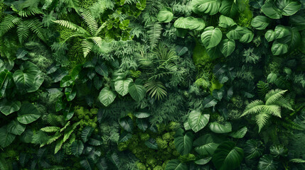 A vertical wall of greenery composed of various types of green plants, including ferns, ivy, and moss. The rich textures and shades of green offer a visually appealing backdrop for product