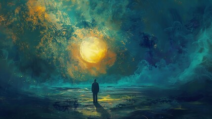 lonely man in vast surreal dreamscape solitude and imagination concept digital painting