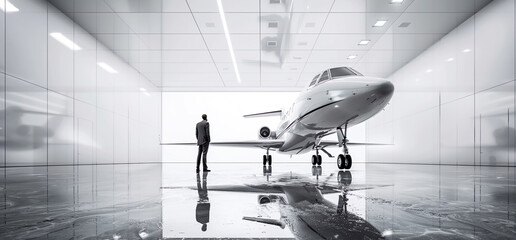 Private jet in large minimalism white hangar with business man.success and vip flight concepts.business goal. transportation lifestyle
