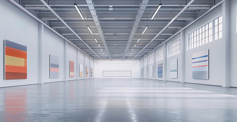 Modern large white warehouse or exhibition hall with high ceilings.minimalism factory room background with contemporary design.interior space for presentation product display