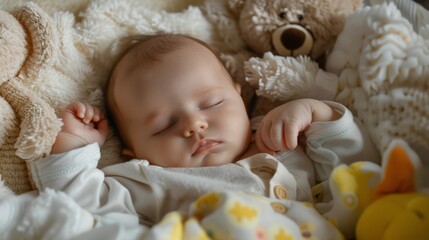 Close up portrait of newborn baby sleeping peacefully in a crib, surrounded by soft blankets and stuffed animals