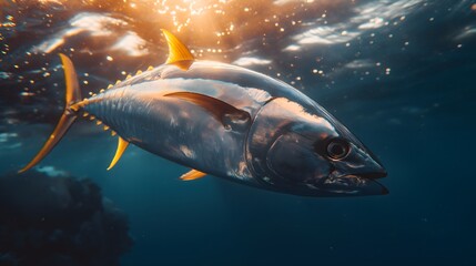 Majestic yellowfin tuna swimming in ocean with sunlight filtering through water