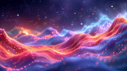 Fototapeta premium Futuristic Landscape with Glowing Neon Waves, Abstract Digital Art Background with Intense Colors and Particle Effects 8K Wallpaper High-resolution
