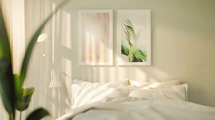 Mockups for wall decor in the bedroom interior 3d render for 2 posters on the wall Modern interior style : Generative AI