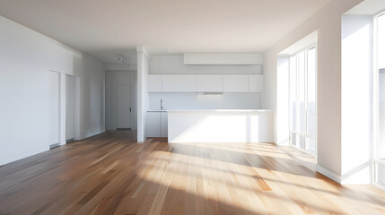 Empty living room and open kitchen with white walls and hardwood floor in unfurnished apartment : Generative AI