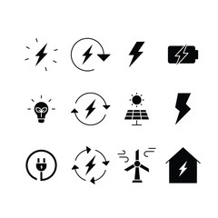 Energy icon set. Simple solid style. Electric, power, save, solar panel, battery, light, charge, wind turbine, green energy concept. Black silhouette, glyph symbol. Vector illustration isolated.
