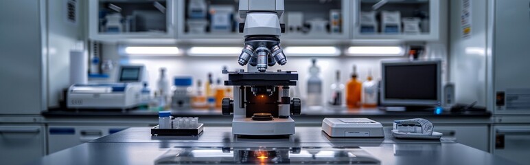 Fototapeta premium Medical Research DNA Laboratory Science Biotechnology. Microscope and Diagnostic Equipment in Clinical Medicine and Health Science Analytics