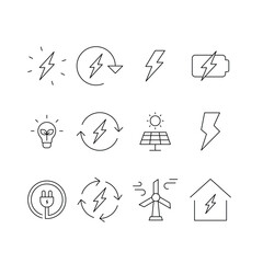 Energy icon set. Simple outline style. Electric, power, save, solar panel, battery, light, charge, wind turbine, green energy concept. Thin line symbol. Vector illustration isolated.