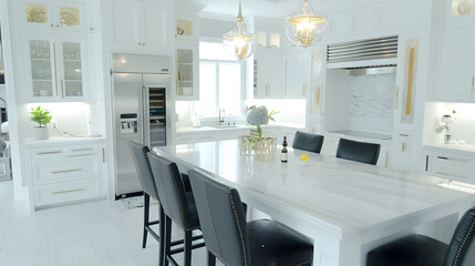 Warm white kitchen with expansive countertops island high end appliances spice kitchen black leather chair dining table wine fridge and office work station : Generative AI