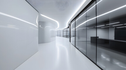 A modern office interior showcasing a pristine white corridor with unique rounded black partitions glass walls sleek office desks and overhead linear lighting : Generative AI