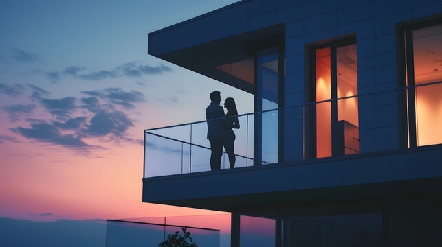 Couple standing on balcony of modern house : Generative AI