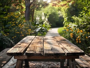 Fototapeta premium Rustic Wooden Table Displayed in Blurred Green Garden Backdrop for Peaceful Outdoor Setting