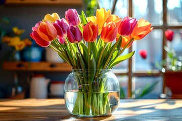 Bouquet with colorful tulips in the kitchen in the rays of the sun in a transparent glass vase