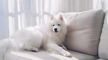 Adorable Samoyed dog in modern living room : Generative AI