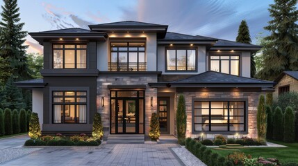 Fototapeta premium This image showcases a stylish, modern house featuring expansive windows, stone accents, and a contemporary design