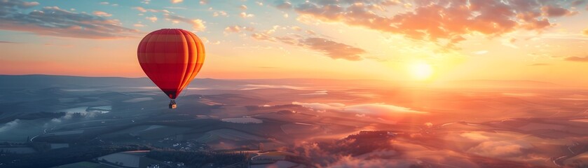 Obraz premium Vibrant Sunrise Hot Air Balloon Flight Into a New Adventure Embracing the Energy of New Beginnings Concept with Expansive Copy Space