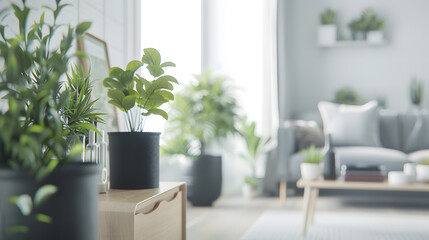 Modern scandinavian home interior with design wooden commode plants in black pots gray sofa books and personal accessories Stylish home decor Template Copy space White walls : Generative AI