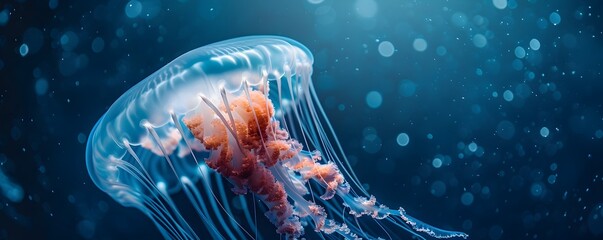 Jellyfish Drifting Gracefully in Illuminated Deep Blue Waters Serene Ocean and Marine Life Concept - Powered by Adobe