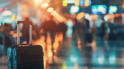 Naklejka premium Suitcase at a Bustling Airport Symbolizing the Start of an Adventure