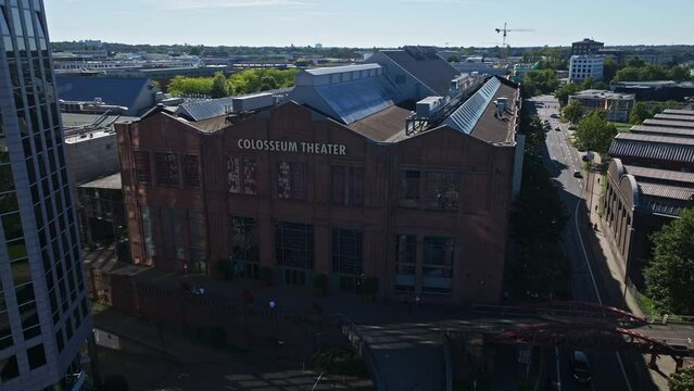 Aerial drone view of the Colosseum Theater in Essen, Germany. The Colosseum Theater is an event hall located in Essen's Westviertel. 