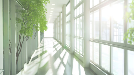 Empty corridor in modern office building with green tree outside the window : Generative AI
