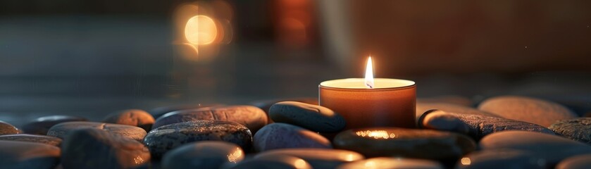 A lit candle on a pile of smooth stones.