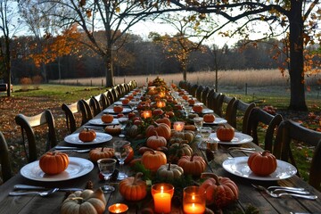 Fototapeta premium Cozy Outdoor Thanksgiving Table Decor with Pumpkins and Candles