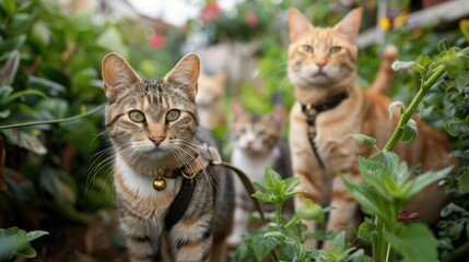 Naklejka na ściany i meble Cats with a harness in a garden being looked after by a pet sitter