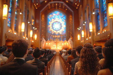 Obraz premium Intimate Bar Mitzvah Ceremony in Synagogue: Torah Reading with Congregation Watching