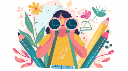 Creative Woman Searching for Inspiration and Ideas with Pencil Binoculars on Landing Page