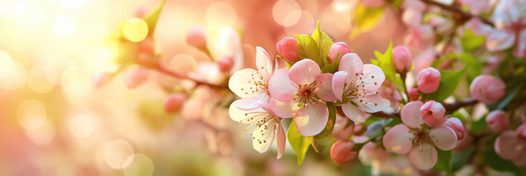 Apple tree blossom, spring background with bokeh and copy space